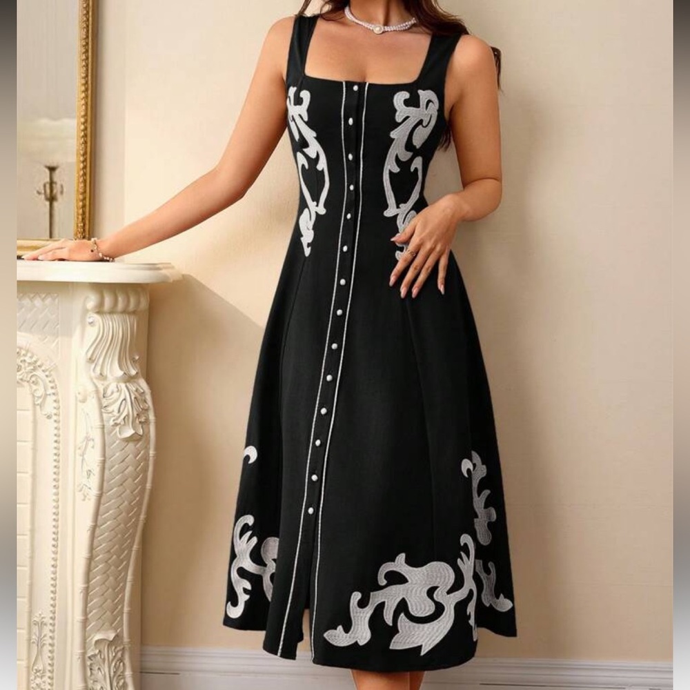 Chic Black Midi Dress with White Accents